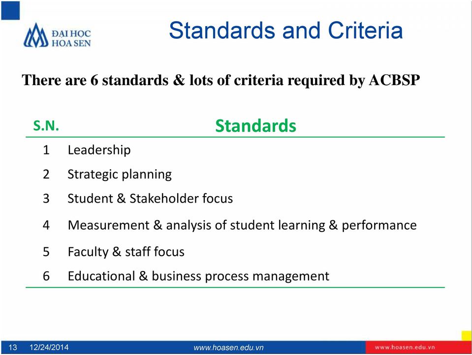 Standards 1 Leadership 2 Strategic planning 3 Student & Stakeholder