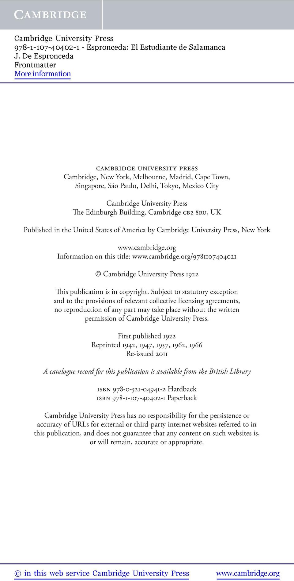 Subject to statutory exception and to the provisions of relevant collective licensing agreements, no reproduction of any part may take place without the written permission of Cambridge University