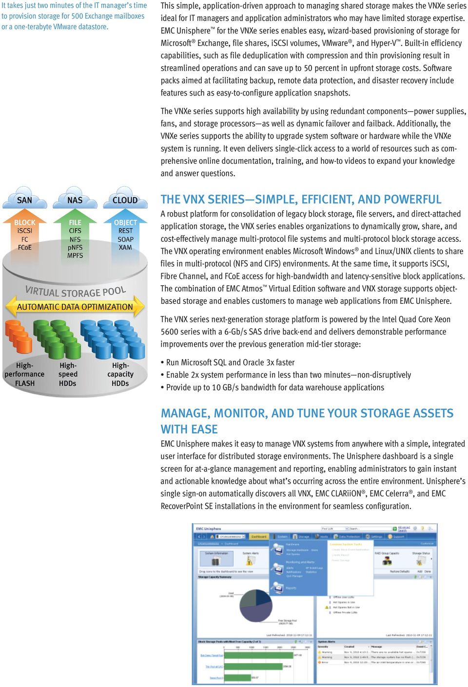 EMC Unisphere for the VNXe series enables easy, wizard-based provisioning of storage for Microsoft Exchange, file shares, iscsi volumes, VMware, and Hyper-V.