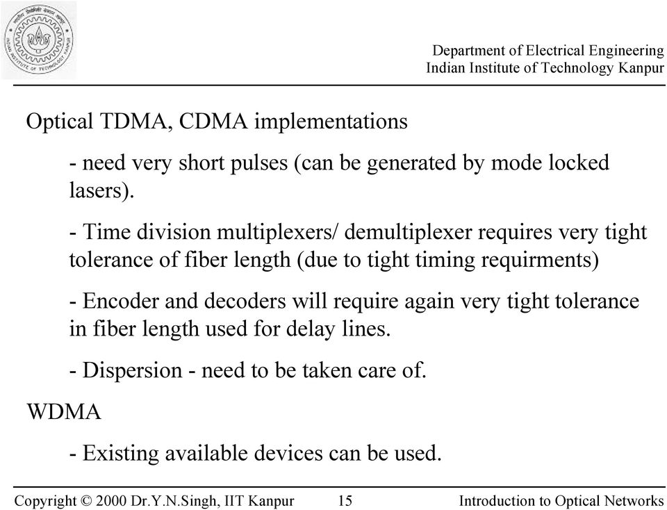 - Time division multiplexers/ demultiplexer requires very tight tolerance of fiber length (due to tight