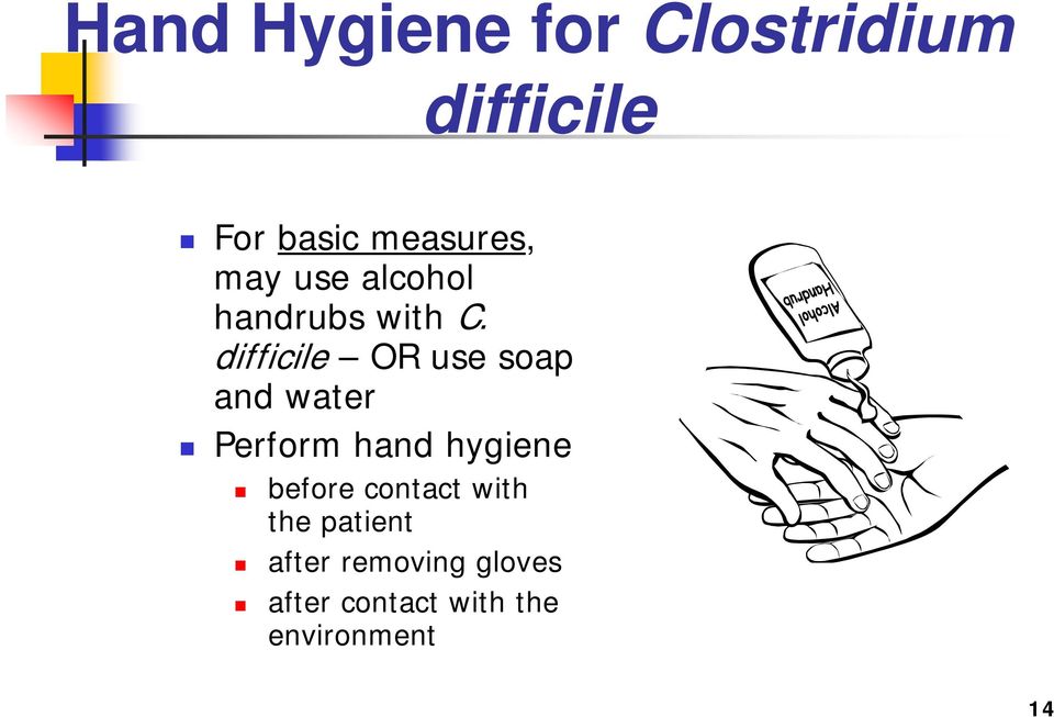 difficile OR use soap and water Perform hand hygiene