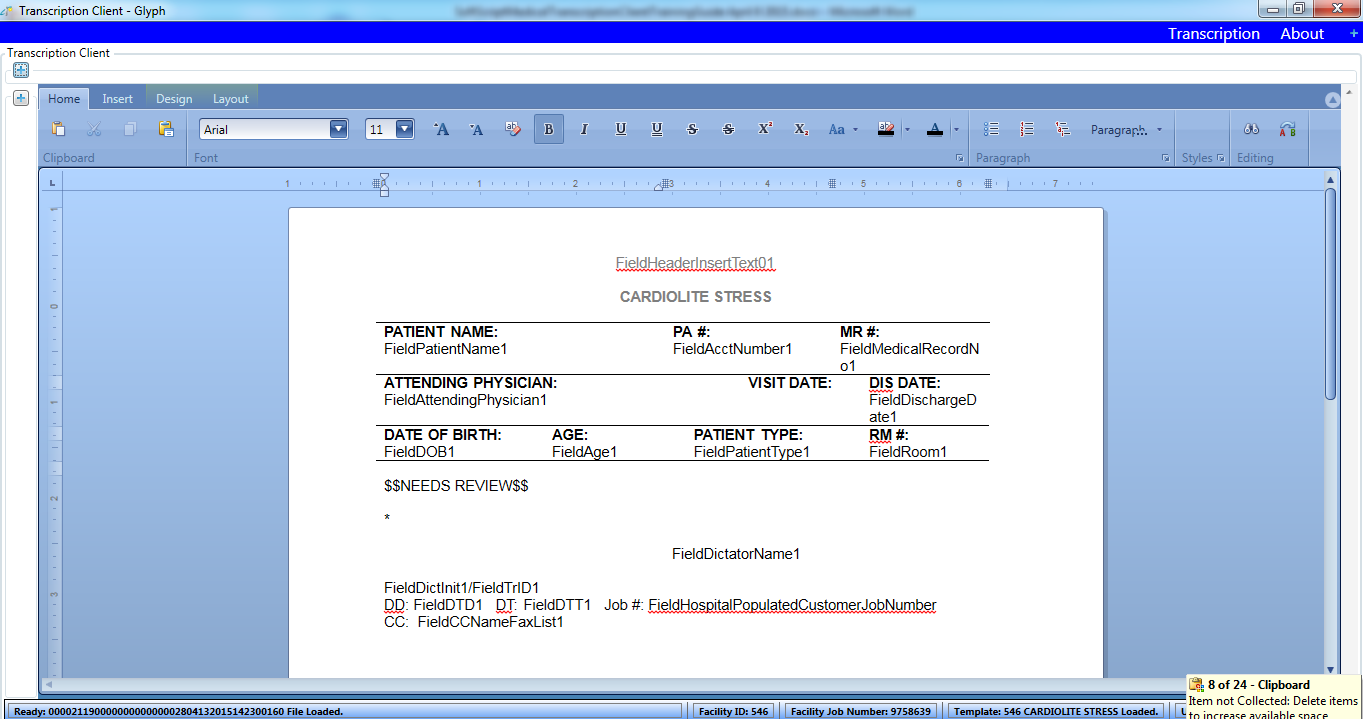 Figure 37-1 shows an empty template in the Main Document Editor Window with the Glyph header and all surrounding windows collapsed: Expand windows by clicking on the plus signs (+) associated with