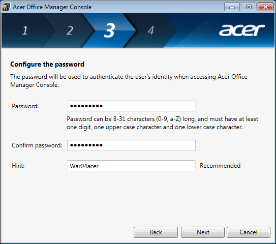 The password is used for authorization when you would like to use the Acer Office Console. Only authorized users can access the program.