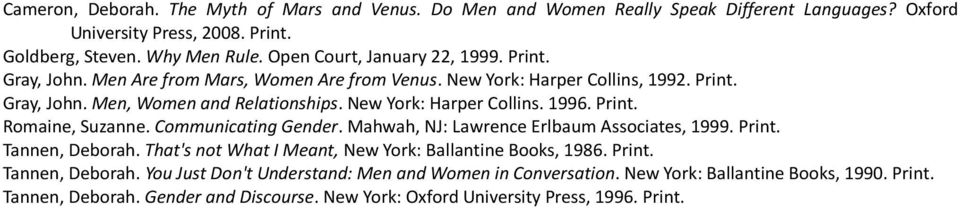 New York: Harper Collins. 1996. Print. Romaine, Suzanne. Communicating Gender. Mahwah, NJ: Lawrence Erlbaum Associates, 1999. Print. Tannen, Deborah.