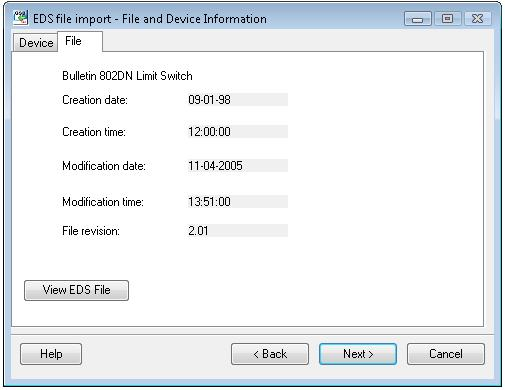 File Section 3 Device Import Wizard Figure 16. File and Device Information - File Tab Click View EDS File to view the contents of EDS file in the EDS Viewer, as shown in Figure 17.