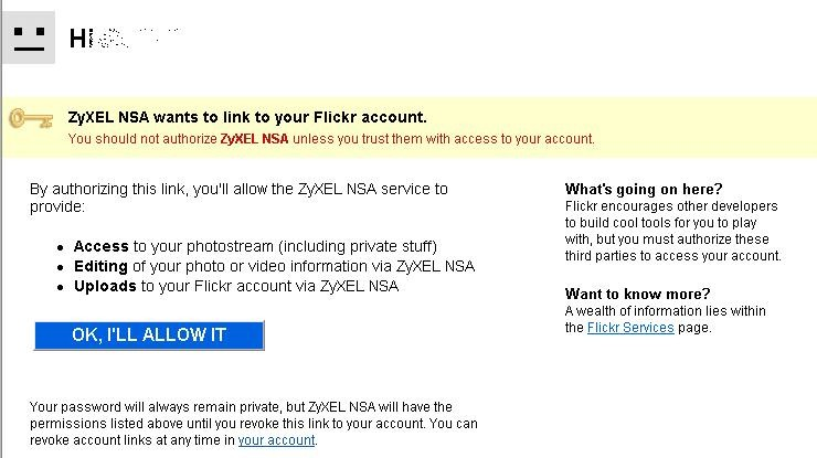 Click on the config icon to set a more detailed configuration. There will be several system Notifications to warn you that you are going to link to the Flickr website.