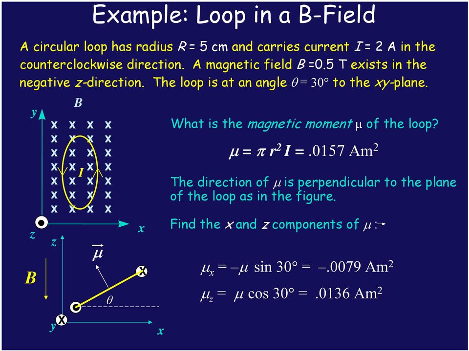 y z x x x x x x x x x x x x x x I x x x x x x x x x x x x x x z y X θ x X x What is the magnetic moment of the loop? = π 2 I =.