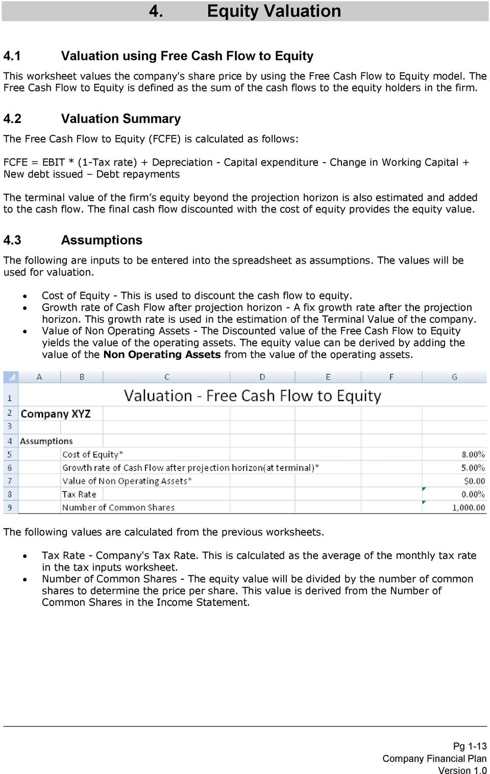 2 Valuation Summary The Free Cash Flow to Equity (FCFE) is calculated as follows: FCFE = EBIT * (1-Tax rate) + Depreciation - Capital expenditure - Change in Working Capital + New debt issued Debt