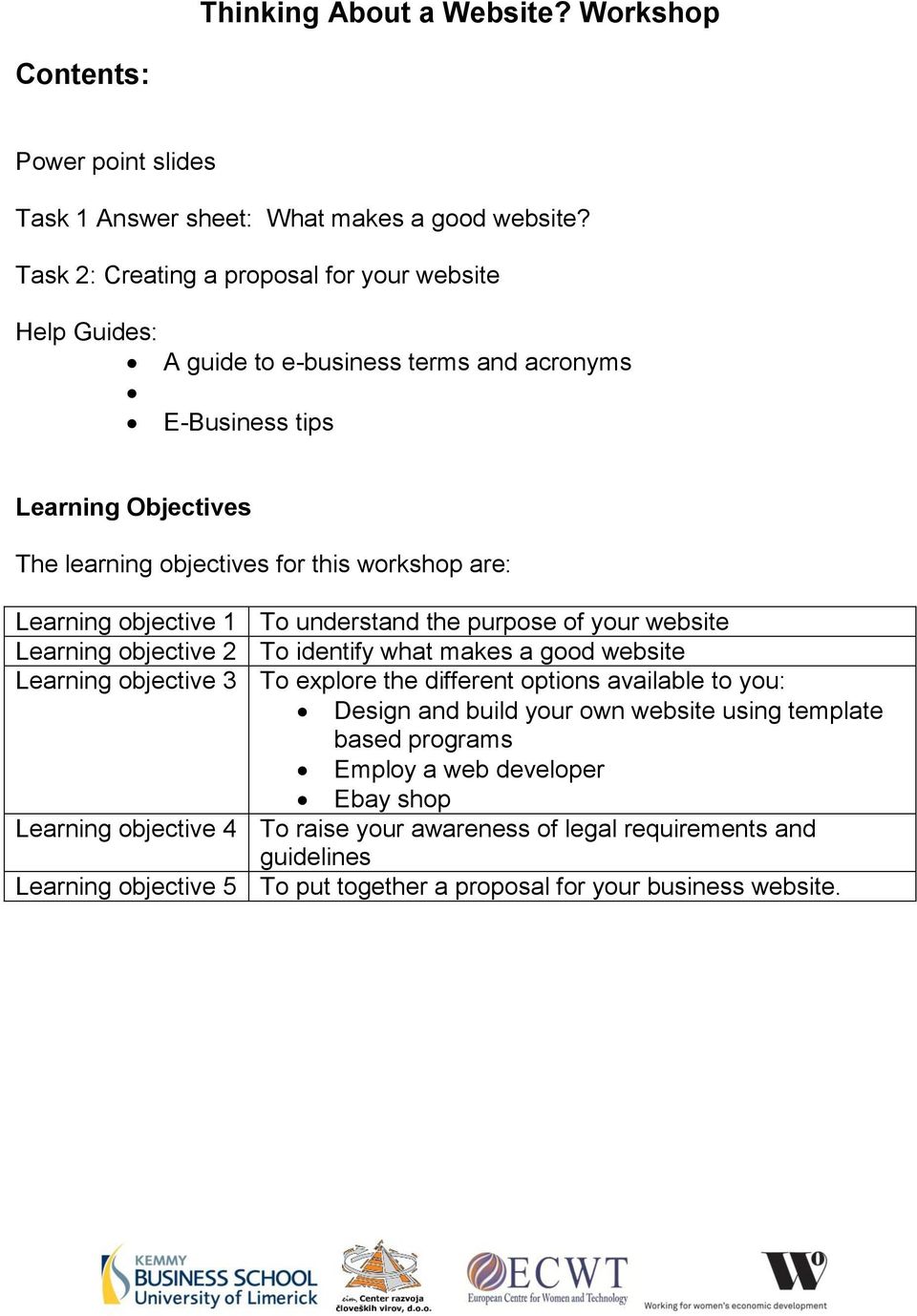Learning objective 1 To understand the purpose of your website Learning objective 2 To identify what makes a good website Learning objective 3 To explore the different options available