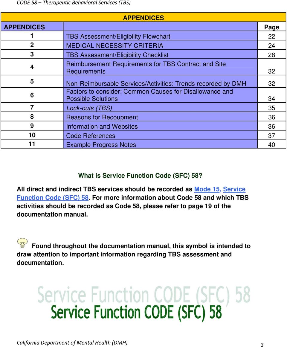 Recoupment 36 9 Information and Websites 36 10 Code References 37 11 Example Progress Notes 40 What is Service Function Code (SFC) 58?