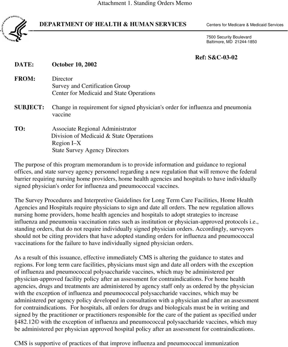 SUBJECT: TO: Director Survey and Certification Group Center for Medicaid and State Operations Change in requirement for signed physician's order for influenza and pneumonia vaccine Associate Regional