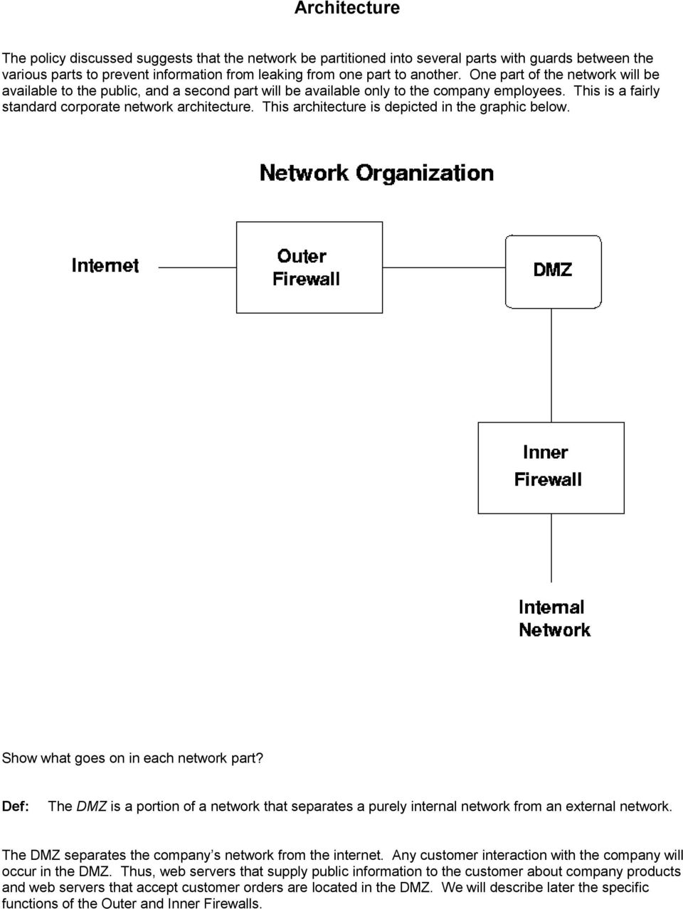 This architecture is depicted in the graphic below. Show what goes on in each network part? The DMZ is a portion of a network that separates a purely internal network from an external network.