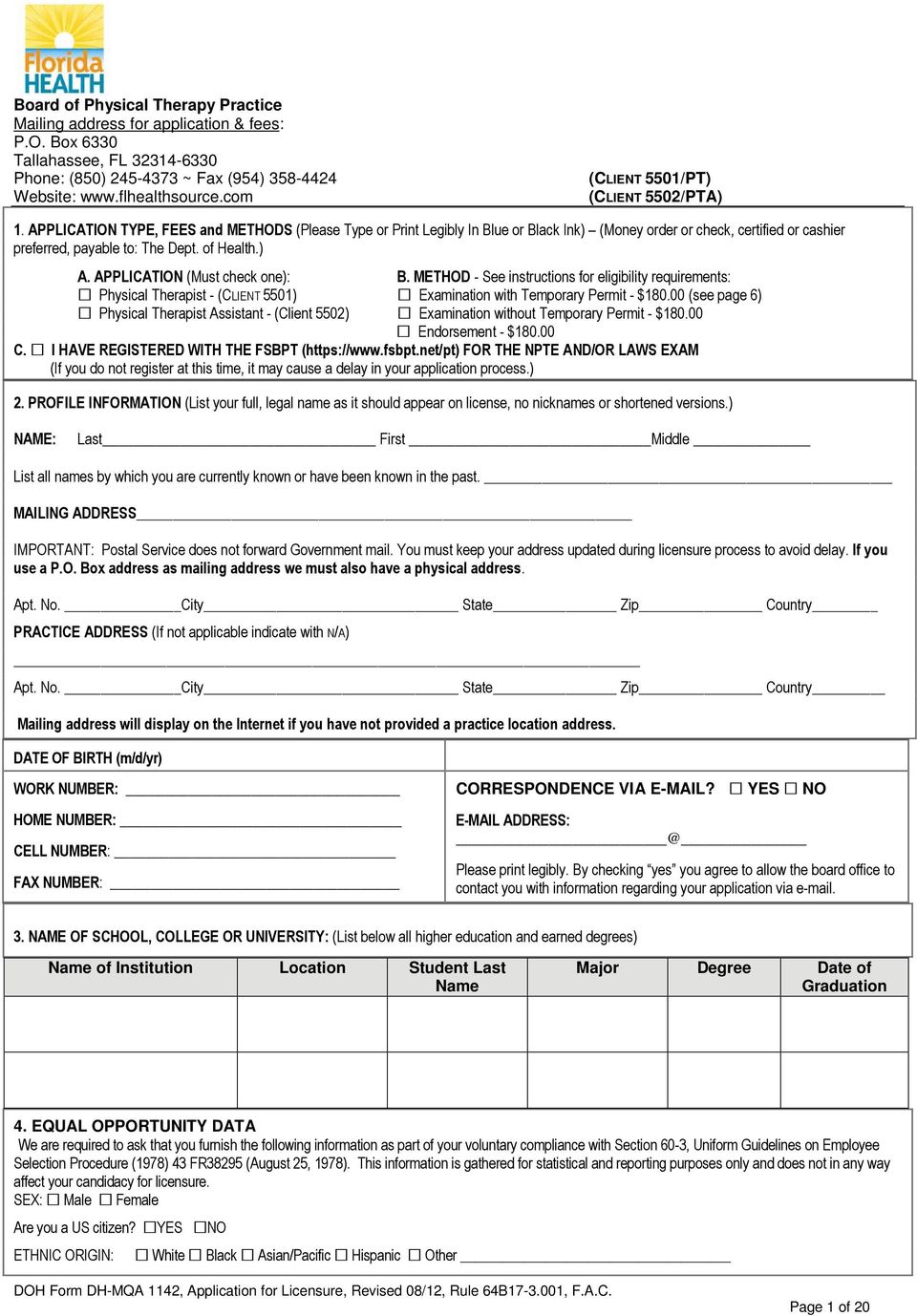APPLICATION TYPE, FEES and METHODS (Please Type or Print Legibly In Blue or Black Ink) (Money order or check, certified or cashier preferred, payable to: The Dept. of Health.) A.