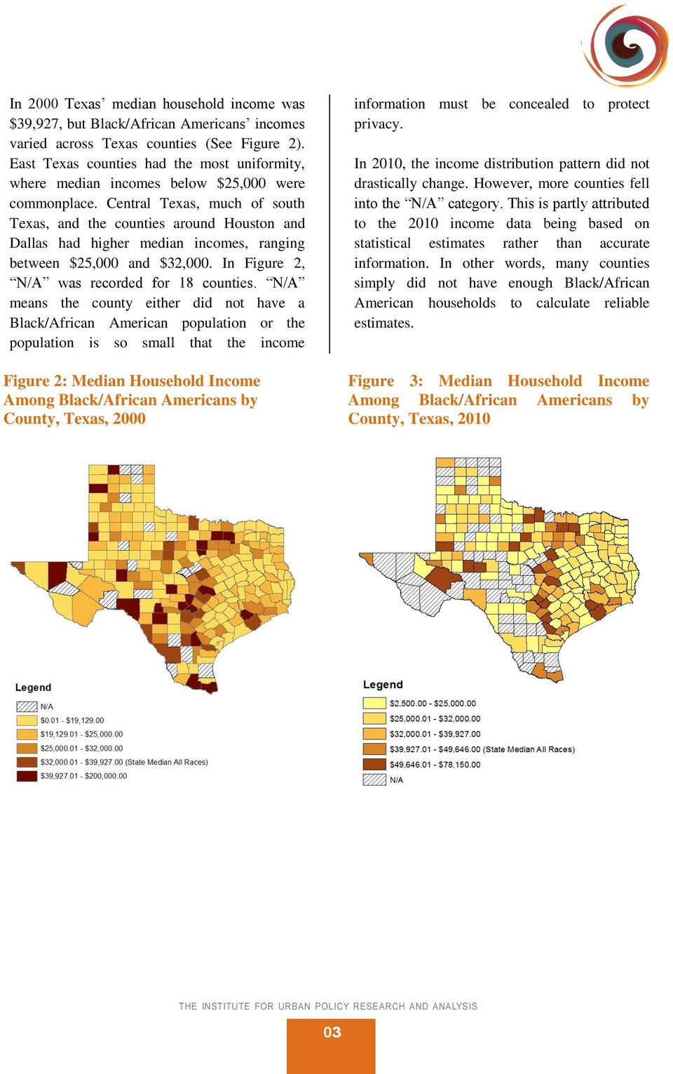 Central Texas, much of south Texas, and the counties around Houston and Dallas had higher median incomes, ranging between $25,000 and $32,000. In Figure 2, N/A was recorded for 18 counties.