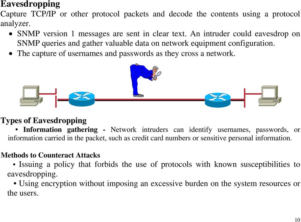 Host Router Router Host Types of Eavesdropping Information gathering - Network intruders can identify usernames, passwords, or information carried in the packet, such as credit card numbers or