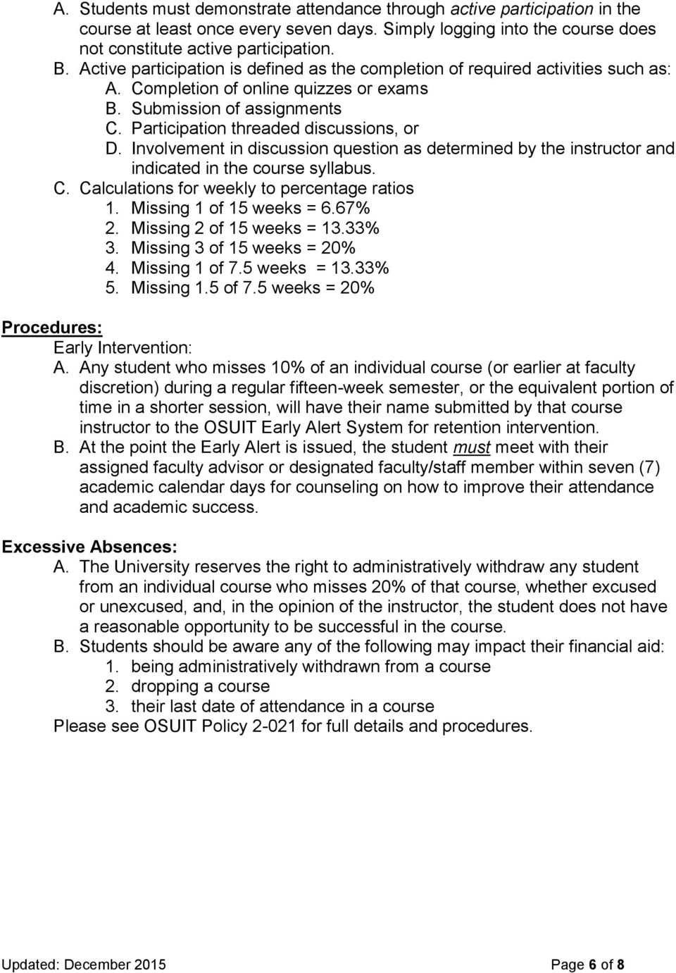 Involvement in discussion question as determined by the instructor and indicated in the course syllabus. C. Calculations for weekly to percentage ratios 1. Missing 1 of 15 weeks = 6.67% 2.