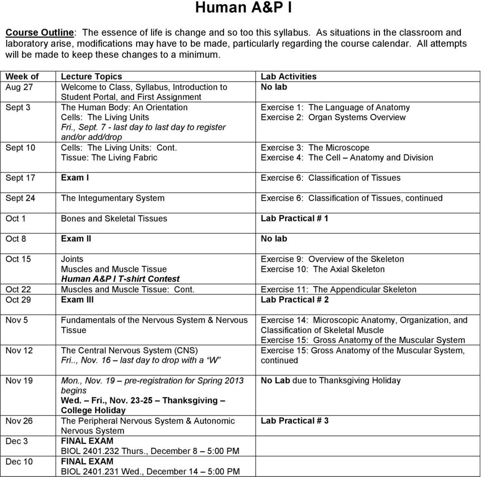 Week of Lecture Topics Lab Activities Aug 27 Welcome to Class, Syllabus, Introduction to No lab Student Portal, and First Assignment Sept 3 The Human Body: An Orientation Cells: The Living Units Fri.