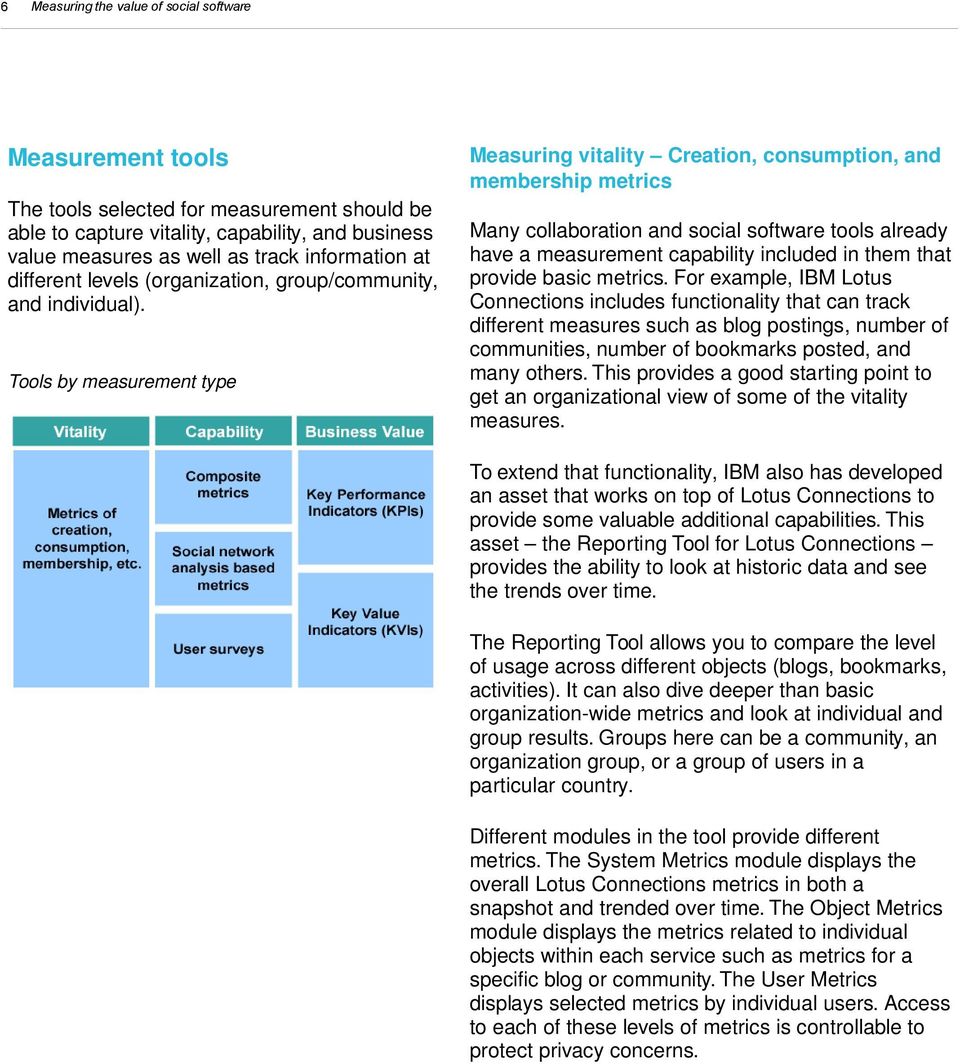 Tools by measurement type Measuring vitality Creation, consumption, and membership metrics Many collaboration and social software tools already have a measurement capability included in them that