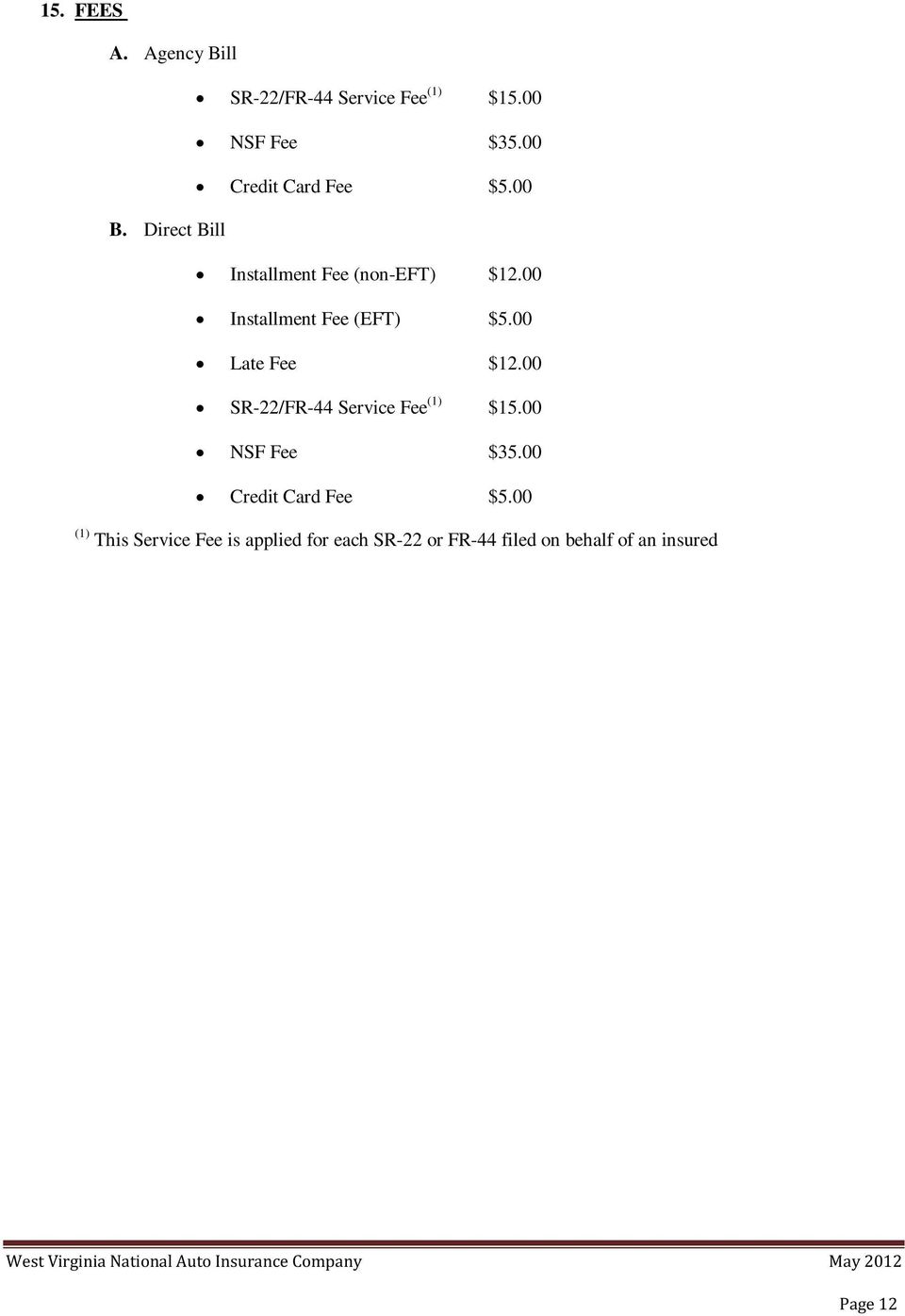 00 Installment Fee (EFT) $5.00 Late Fee $12.00 SR-22/FR-44 Service Fee (1) $15.
