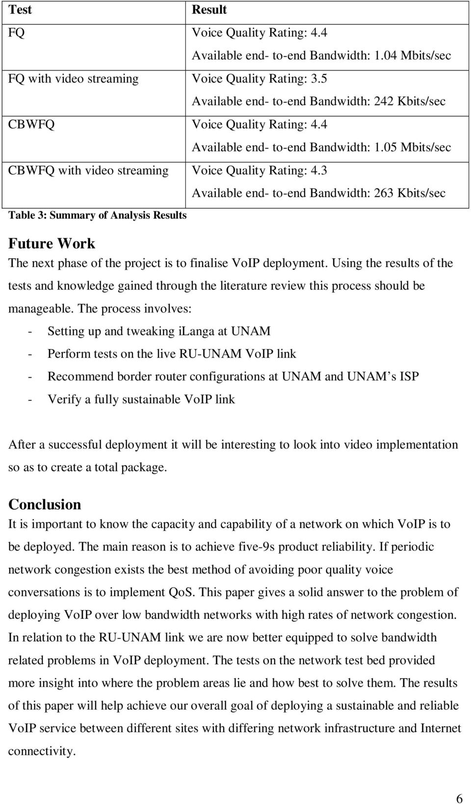 3 Table 3: Summary of Analysis Results Available end- to-end Bandwidth: 263 Kbits/sec Future Work The next phase of the project is to finalise VoIP deployment.