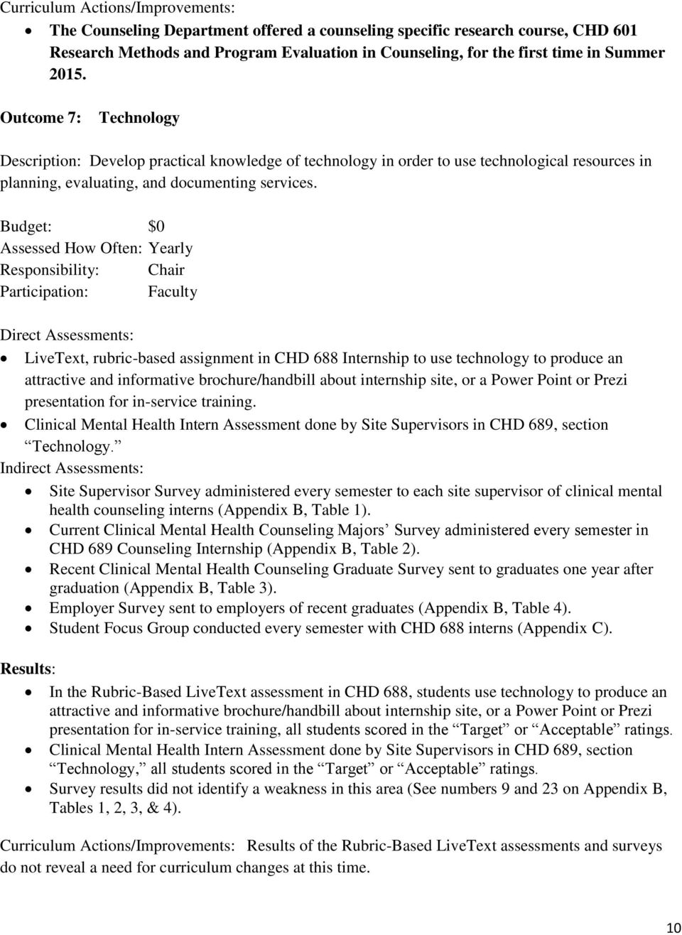 Budget: $0 Assessed How Often: Yearly Responsibility: Chair Participation: Faculty Direct Assessments: LiveText, rubric-based assignment in CHD 688 Internship to use technology to produce an
