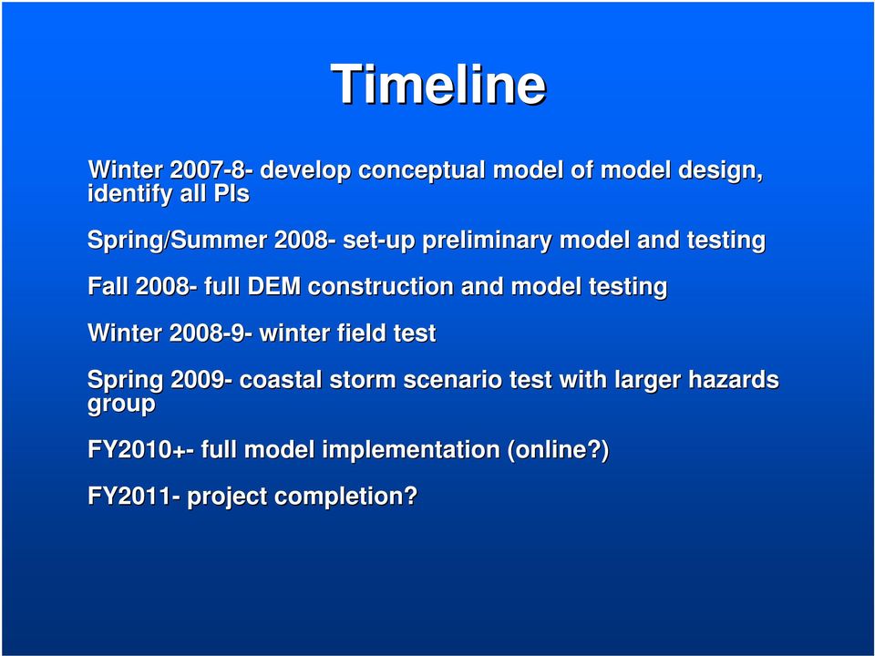 and model testing Winter 2008-9- winter field test Spring 2009- coastal storm scenario