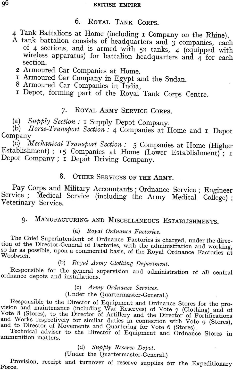 2 Armoured Car Companies at Home. i Armoured Car Company in Egypt and the Sudan. 8 Armoured Car Companies in India, i Depot, forming part of the Royal Tank Corps Centre. 7. ROYAL ARMY SERVICE CORPS.