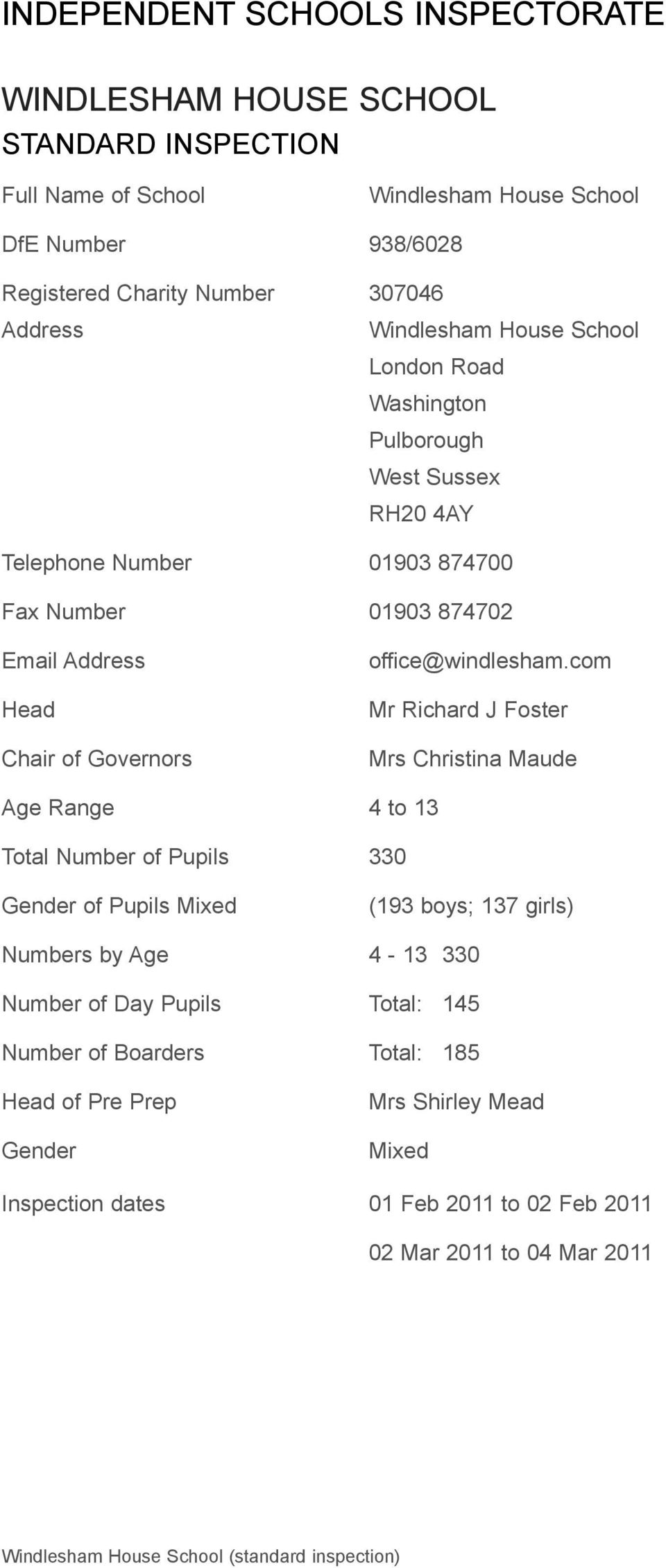 com Mr Richard J Foster Mrs Christina Maude Age Range 4 to 13 Total Number of Pupils 330 Gender of Pupils Mixed (193 boys; 137 girls) Numbers by Age 4-13 330 Number of Day Pupils Total: