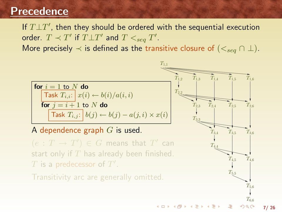 T 1,1 for i = 1 to N do Task T i,i: x(i) b(i)/a(i, i) for j = i + 1 to N do Task T i,j: b(j) b(j) a(j, i) x(i) A dependence graph G is used.
