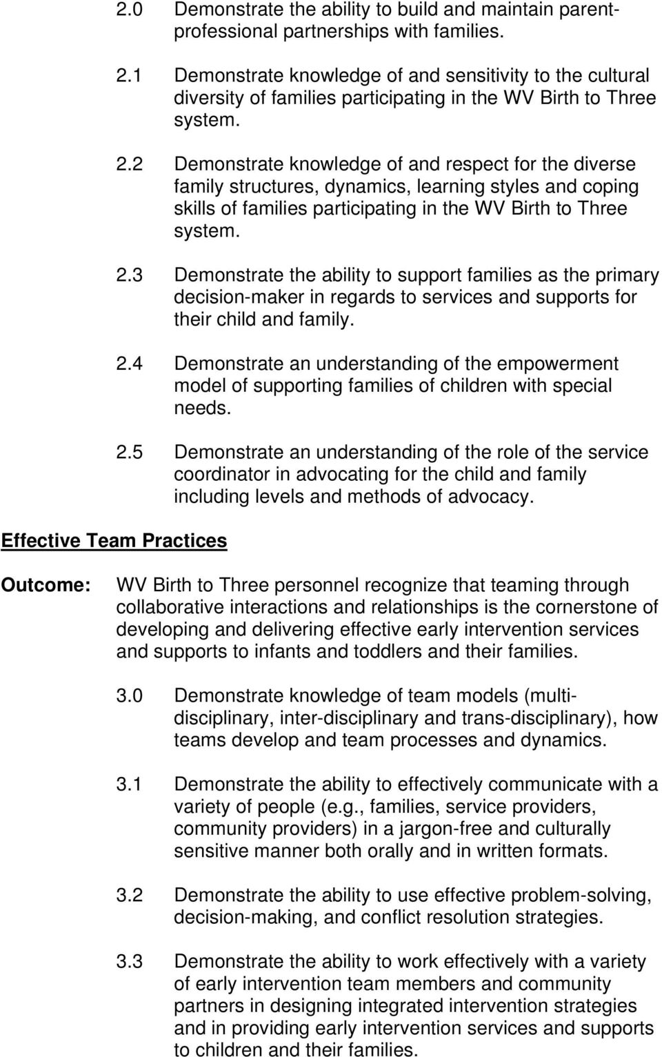 2 Demonstrate knowledge of and respect for the diverse family structures, dynamics, learning styles and coping skills of families participating in the WV Birth to Three system. 2.