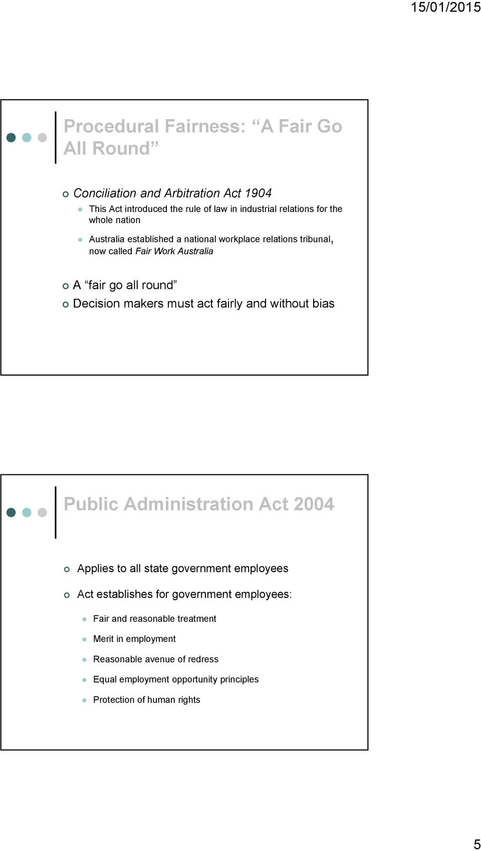 must act fairly and without bias Public Administration Act 2004 Applies to all state government employees Act establishes for government