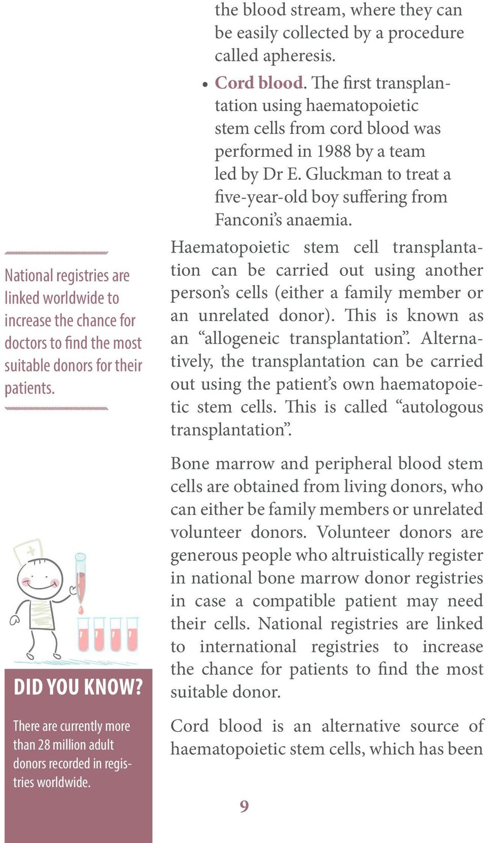 The first transplantation using haematopoietic stem cells from cord blood was performed in 1988 by a team led by Dr E. Gluckman to treat a five-year-old boy suffering from Fanconi s anaemia.