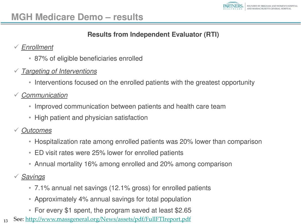 patients was 20% lower than comparison ED visit rates were 25% lower for enrolled patients Annual mortality 16% among enrolled and 20% among comparison 13 Savings 7.1% annual net savings (12.