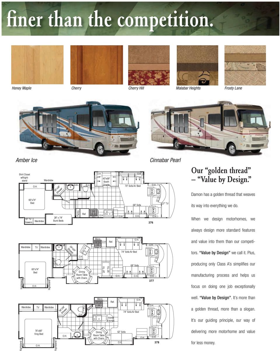 19 TV Drawers 28 x 74 Bunk s 376 When we design motorhomes, we always design more standard features TV 74 Sofa Air and value into them than our competitors. Value by Design we call it.