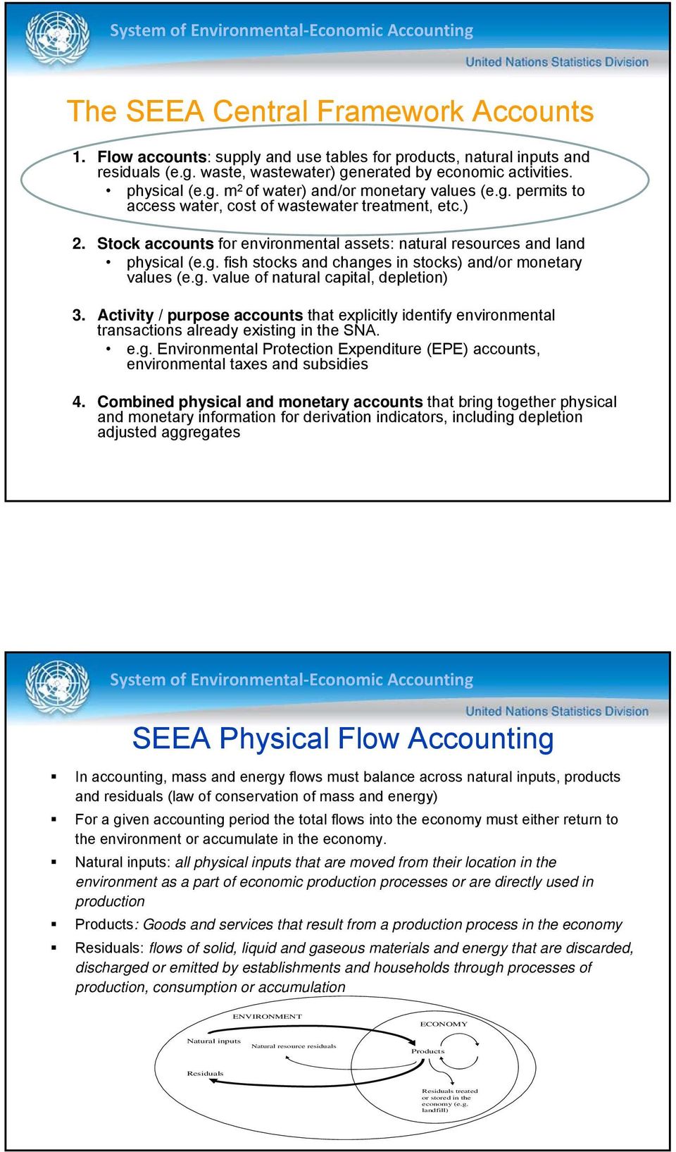 g. value of natural capital, depletion) 3. Activity / purpose accounts that explicitly identify al transactions already existing in the SNA. e.g. Environmental Protection Expenditure (EPE) accounts, al taxes and subsidies 4.
