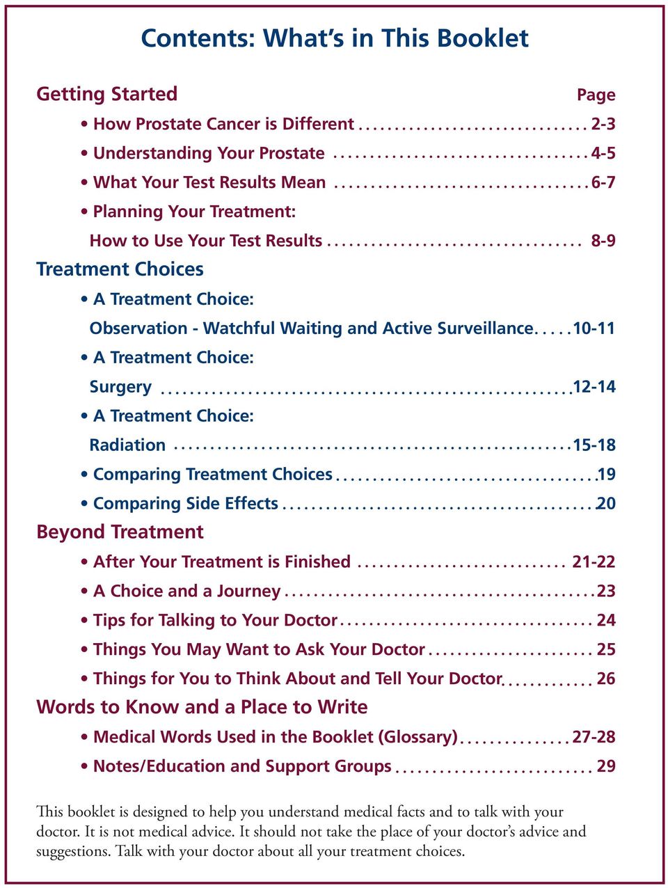 Treatment Choices 19 Comparing Side Effects 20 Beyond Treatment After Your Treatment is Finished 21-22 A Choice and a Journey 23 Tips for Talking to Your Doctor 24 Things You May Want to Ask Your