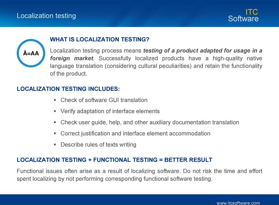 LOCALIZATION TESTING INCLUDES: Check of software GUI translation Verify adaptation of interface elements Check user guide, help, and other auxiliary documentation translation Correct justification