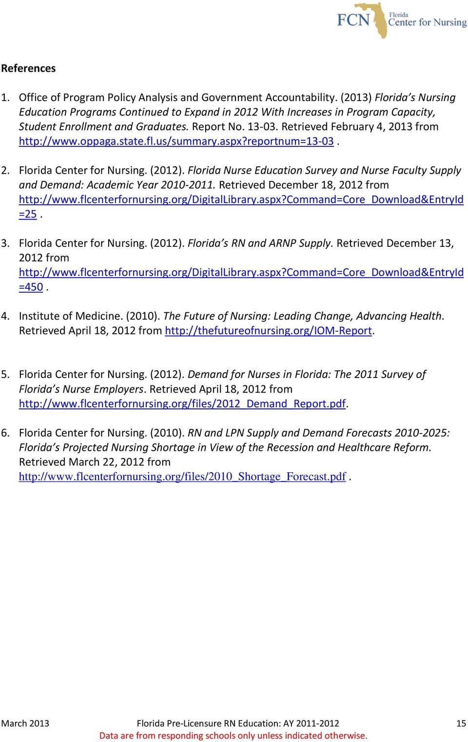 Retrieved February 4, 2013 from http://www.oppaga.state.fl.us/summary.aspx?reportnum=13-03. 2. Florida Center for Nursing. (2012).