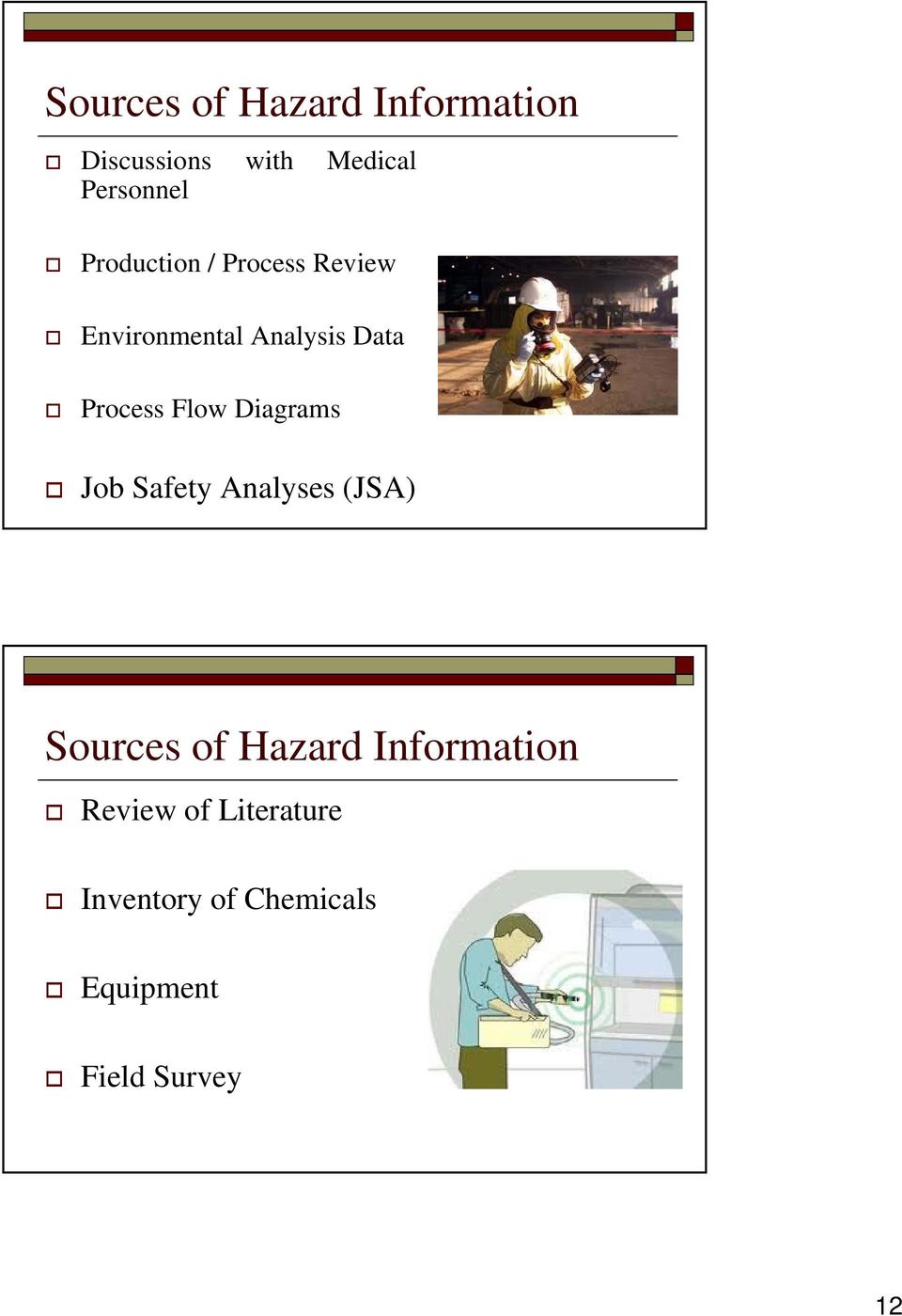 Flow Diagrams Job Safety Analyses (JSA) Sources of Hazard