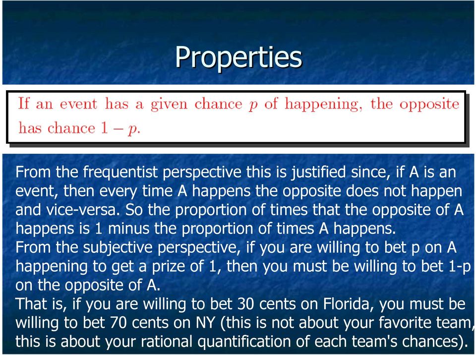 From the subjective perspective, if you are willing to bet p on A happening to get a prize of 1, then you must be willing to bet 1-p on the opposite of A.