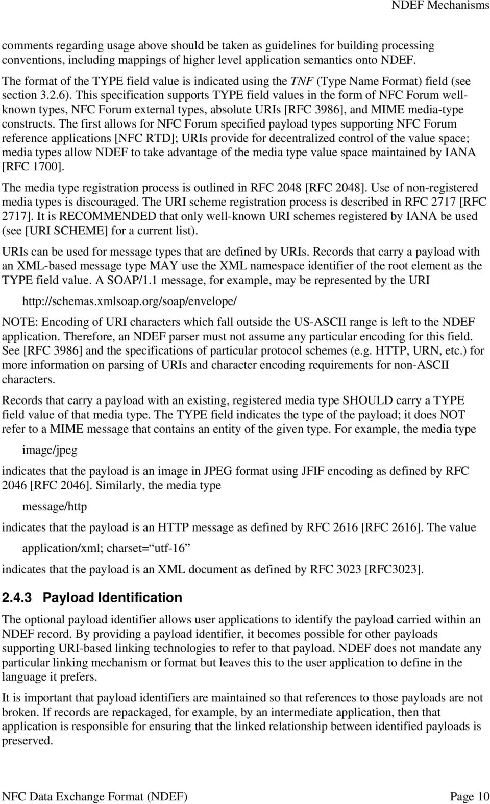 This specification supports TYPE field values in the form of NFC Forum wellknown types, NFC Forum external types, absolute URIs [RFC 3986], and MIME media-type constructs.