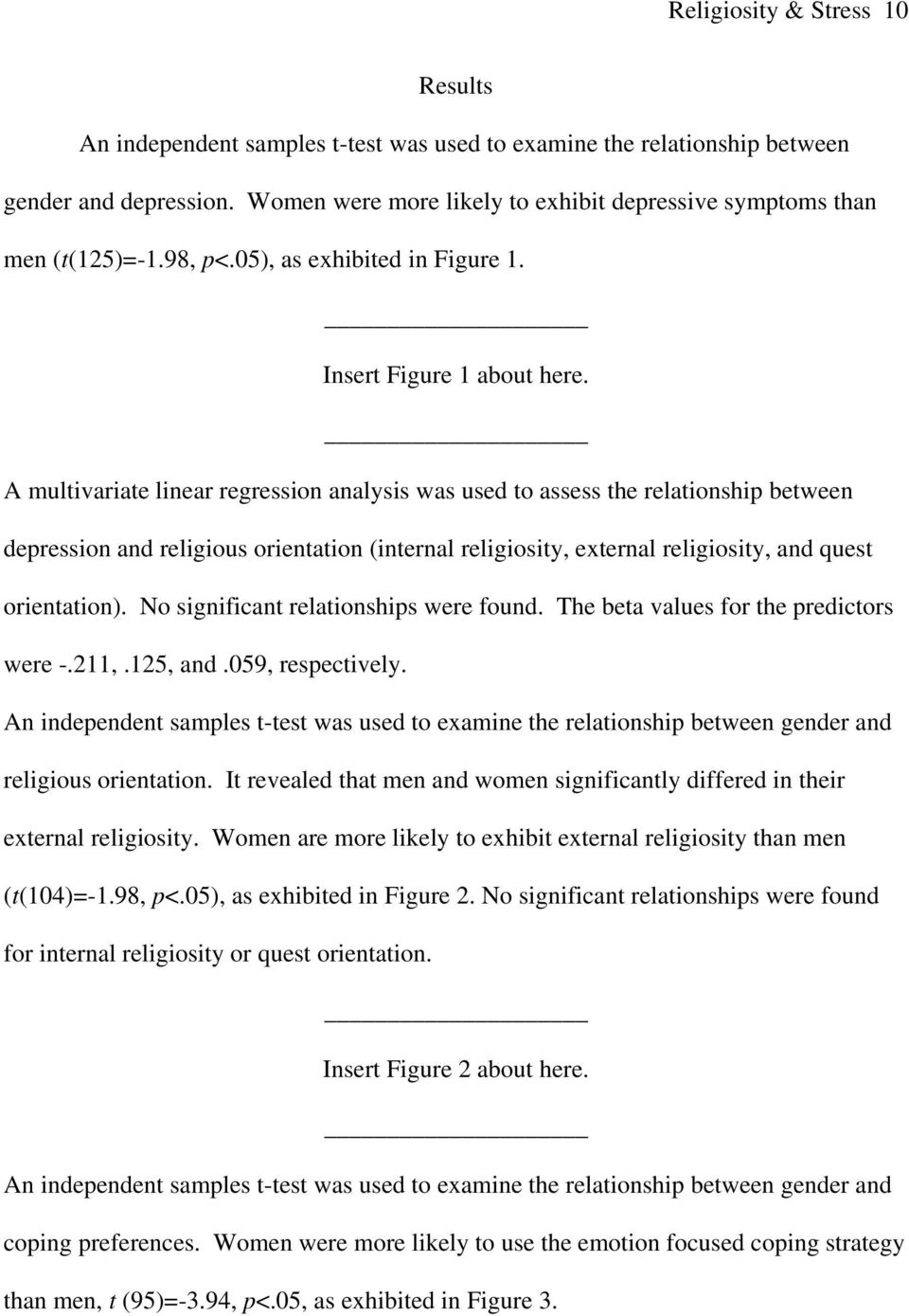A multivariate linear regression analysis was used to assess the relationship between depression and religious orientation (internal religiosity, external religiosity, and quest orientation).
