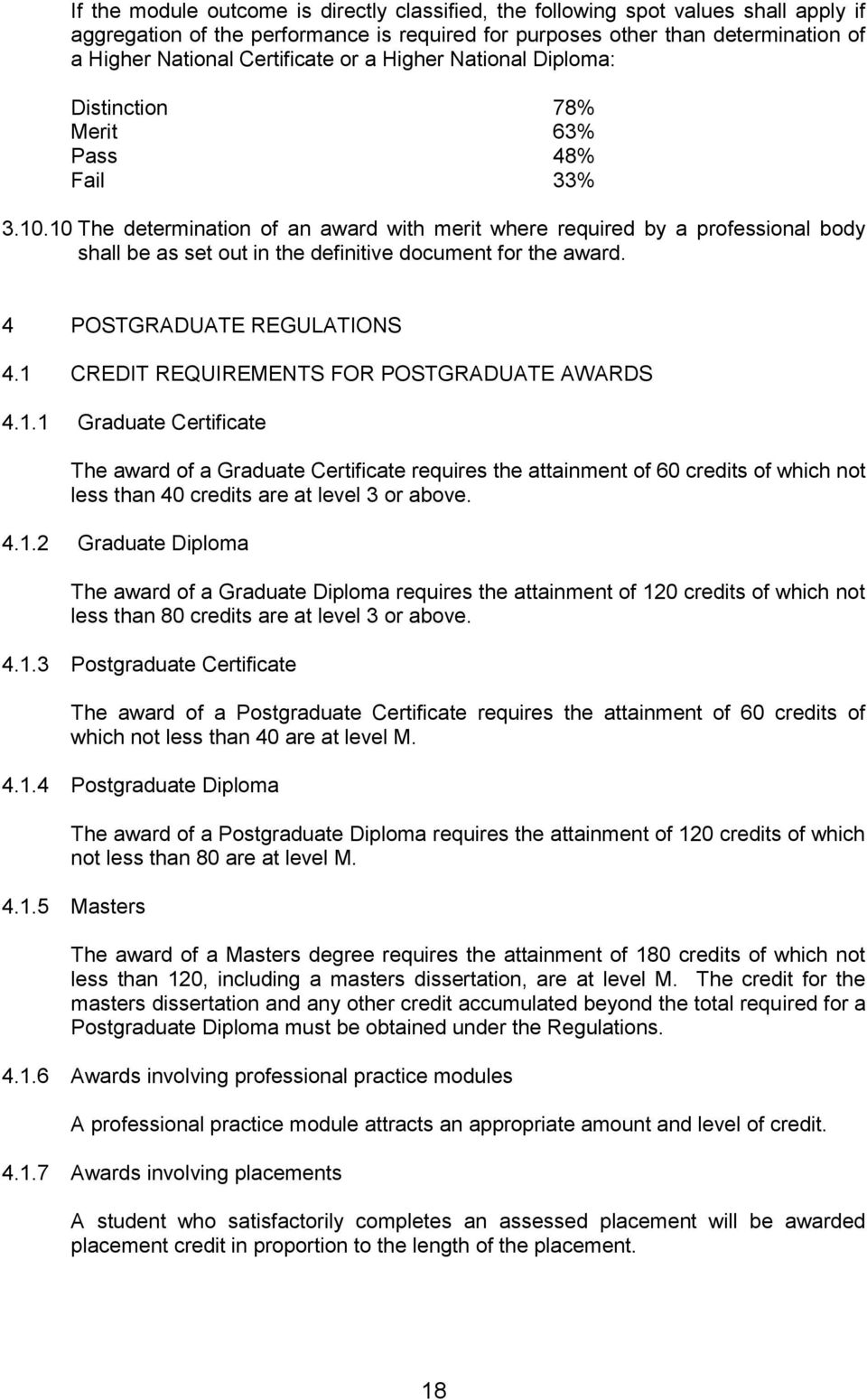 10 The determination of an award with merit where required by a professional body shall be as set out in the definitive document for the award. 4 POSTGRADUATE REGULATIONS 4.