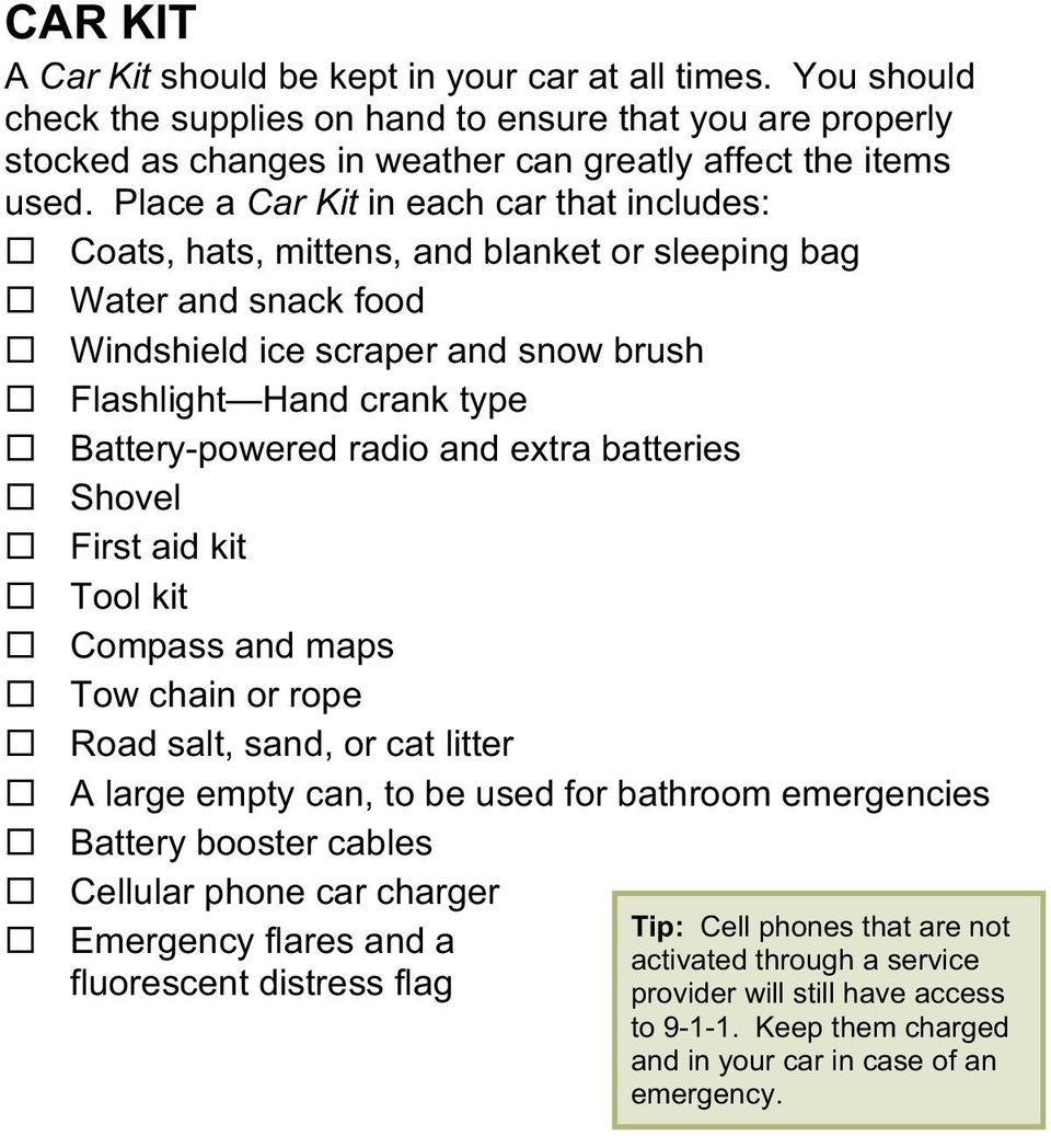 radio and extra batteries Shovel First aid kit Tool kit Compass and maps Tow chain or rope Road salt, sand, or cat litter A large empty can, to be used for bathroom emergencies Battery booster cables