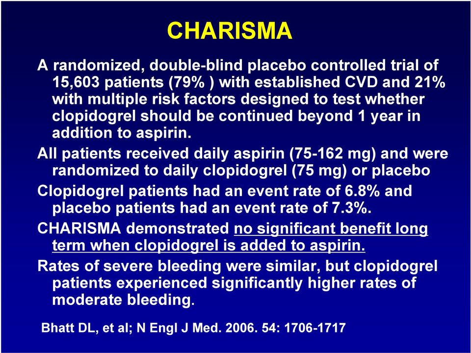 All patients received daily aspirin (75-162 mg) and were randomized to daily clopidogrel (75 mg) or placebo Clopidogrel patients had an event rate of 6.