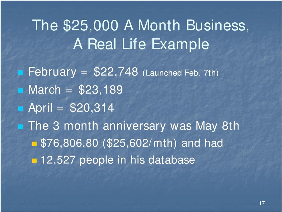 7th) March = $23,189 April = $20,314 The 3 month