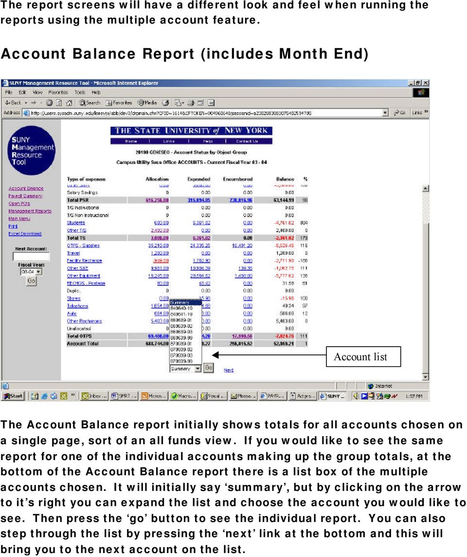 If you would like to see the same report for one of the individual accounts making up the group totals, at the bottom of the Account Balance report there is a list box of the multiple accounts chosen.