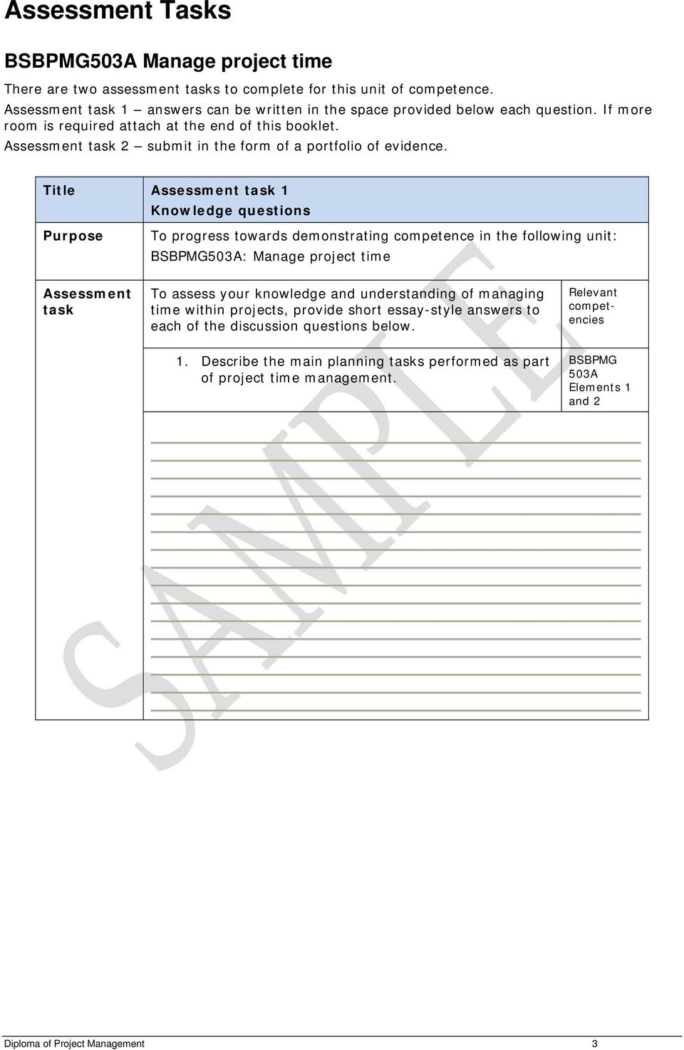 Title Assessment task 1 Knowledge questions Purpose To progress towards demonstrating competence in the following unit: : Manage project time Assessment task To assess your knowledge and