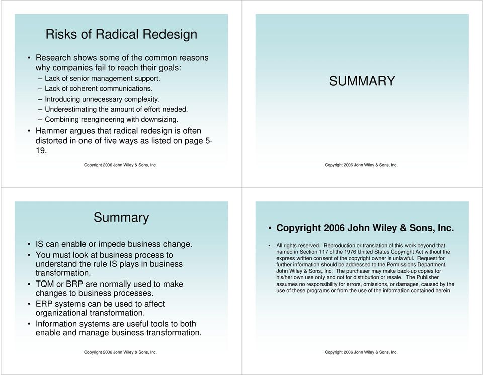 Hammer argues that radical redesign is often distorted in one of five ways as listed on page 5-19. SUMMARY Summary IS can enable or impede business change.