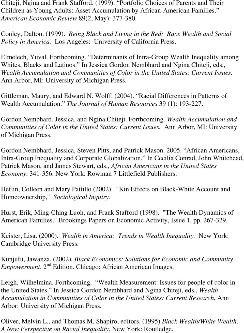 Elmelech, Yuval. Forthcoming. Determinants of Intra-Group Wealth Inequality among Whites, Blacks and Latinos. In Jessica Gordon Nembhard and Ngina Chiteji, eds.